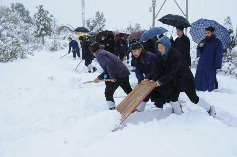 突降罕见暴雪，道学院学生铲雪保道路畅行